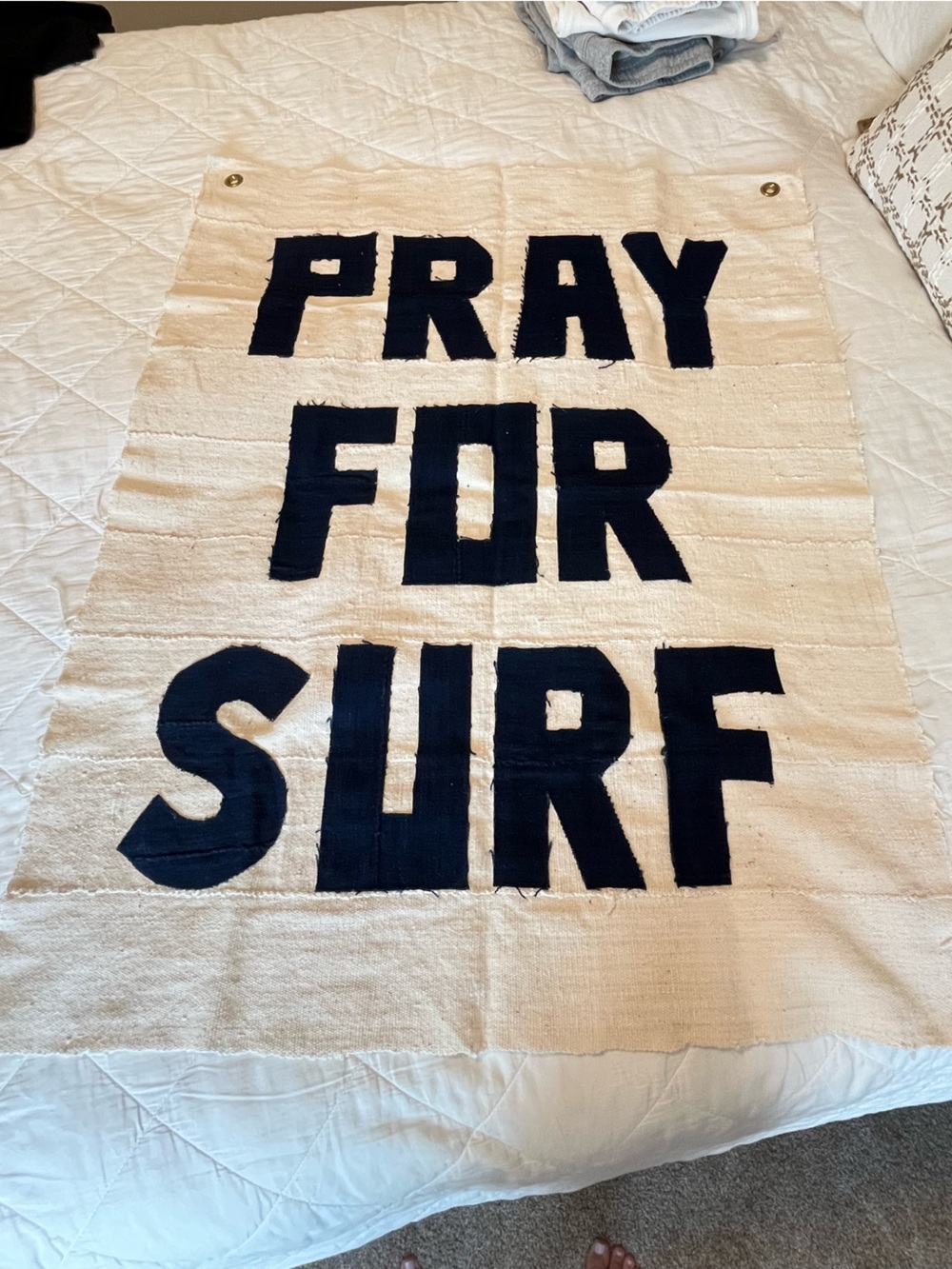 Cream Canvas Banner with Navy 'PRAY FOR SURF' Text